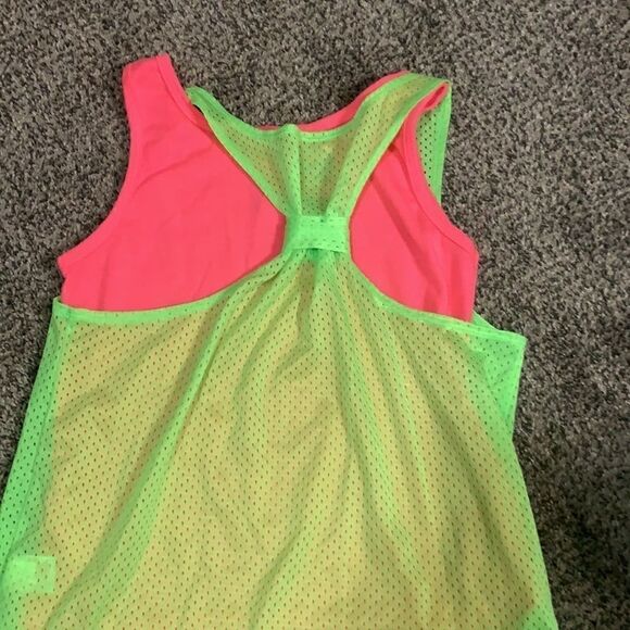 Girls Neon Green Mesh Tank Top over Neon Pink - L - Picture 3 of 3